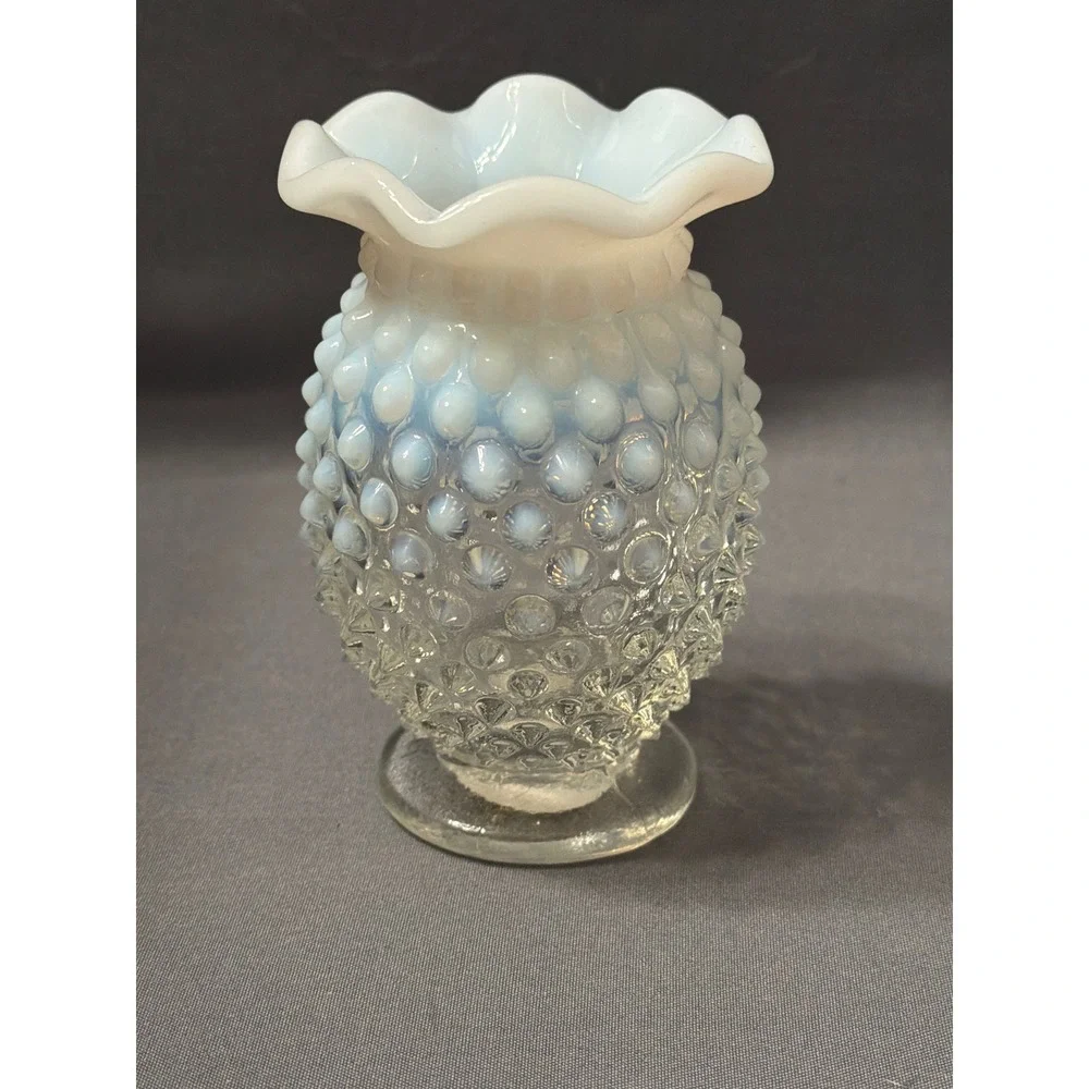 Fenton White Opalescent Hobnail Glass Vase Ruffle Rim Bud Vase Vintage Art Glass